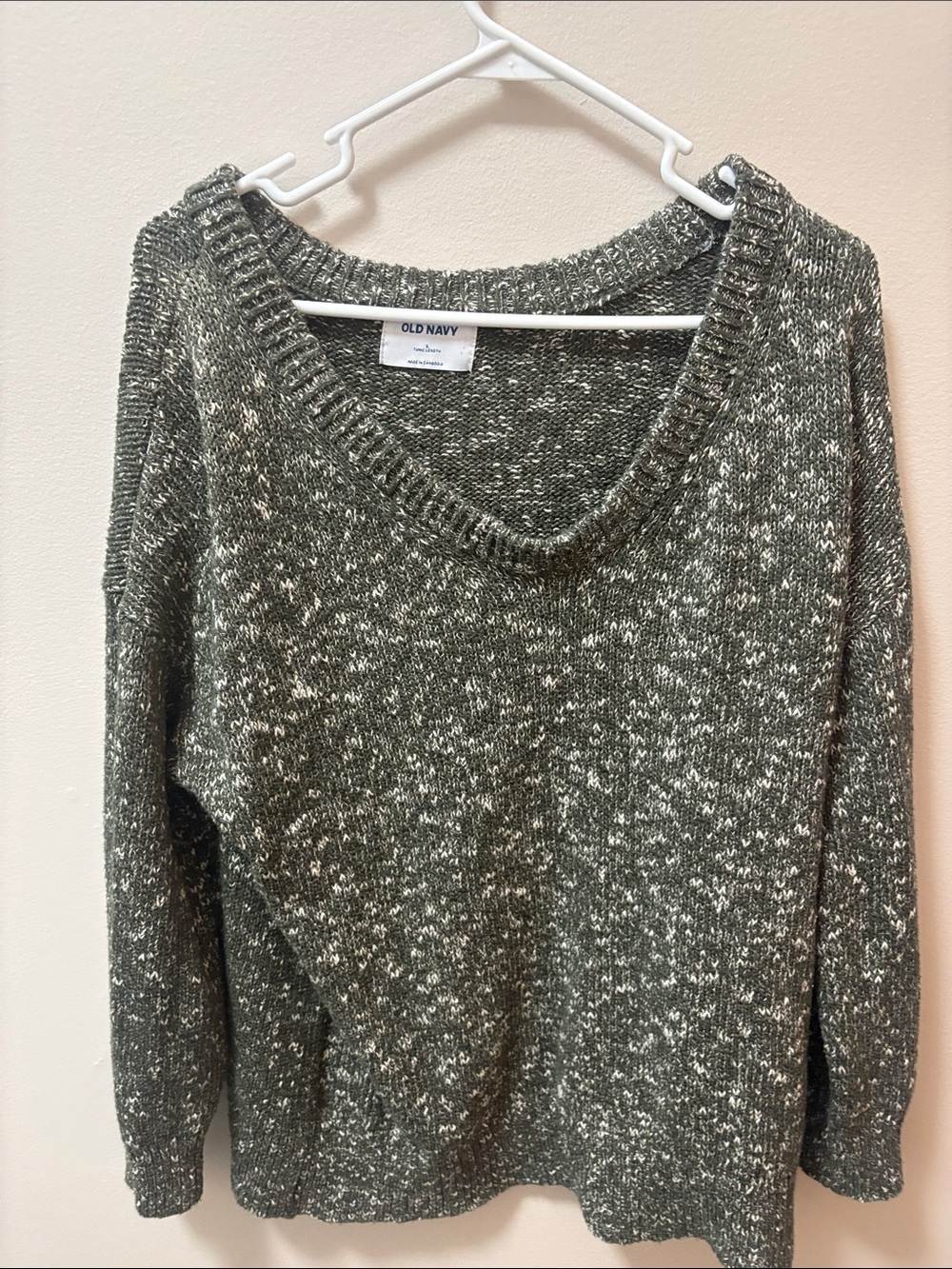 Large, cozy olive V-Neck Sweater for maternity or oversized look for fall